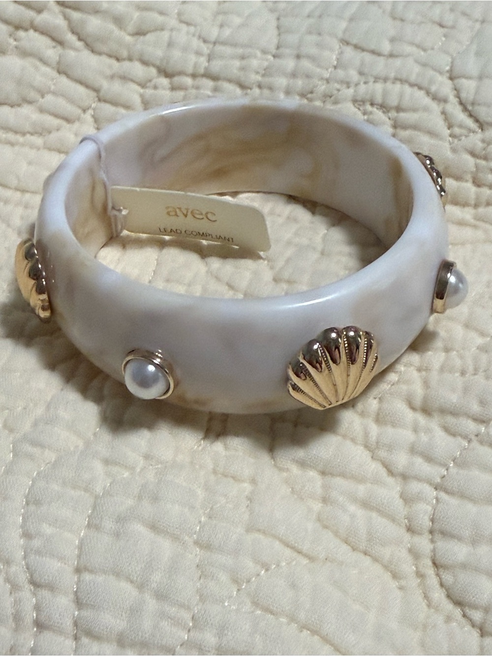 White Marbled Resin Bangle with Gold Shell Accents! NWT